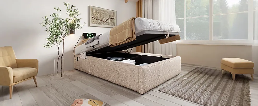 Redom Lit 90x200 cm sommier relevable avec coffre de rangement tapissé lin naturel USB et Type C intégrés* Ensemble Sommier Et Matelas