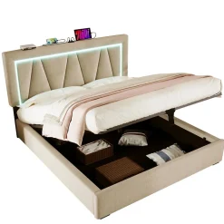 Lit 160x200 cm sommier relevable avec coffre de rangement et tête de lit réglable, tapissé lin beige>Redom Clearance