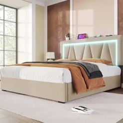 Lit 160x200 cm sommier relevable avec coffre de rangement et tête de lit réglable, tapissé lin beige>Redom Clearance