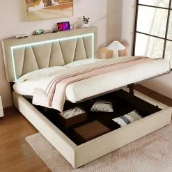 Lit 160x200 cm sommier relevable avec coffre de rangement et tête de lit réglable, tapissé lin beige><noscript><img width=