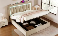 Lit 160x200 cm sommier relevable avec coffre de rangement et tête de lit réglable, tapissé lin beige><noscript><img width=