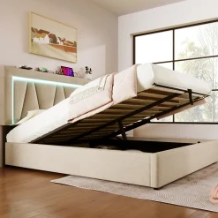 Lit 160x200 cm sommier relevable avec coffre de rangement et tête de lit réglable, tapissé lin beige><noscript><img width=