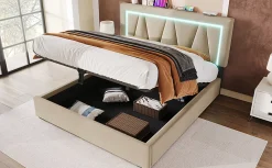 Lit 160x200 cm sommier relevable avec coffre de rangement et tête de lit réglable, tapissé lin beige><noscript><img width=
