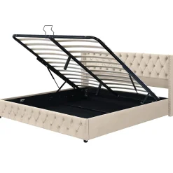 Redom Lit 160x200 cm style Chesterfield avec tête haute 94,5 cm, revêtement velours beige et rangement hydraulique* Lit Avec Rangement