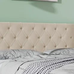 Redom Lit 160x200 cm style Chesterfield avec tête haute 94,5 cm, revêtement velours beige et rangement hydraulique* Lit Avec Rangement