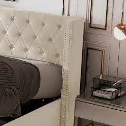 Redom Lit 160x200 cm style Chesterfield avec tête haute 94,5 cm, revêtement velours beige et rangement hydraulique* Lit Avec Rangement