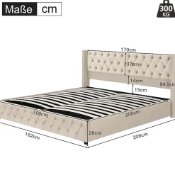 Redom Lit 160x200 cm style Chesterfield avec tête haute 94,5 cm, revêtement velours beige et rangement hydraulique* Lit Avec Rangement