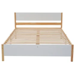 Redom Lit 140x200 cm, style intemporel blanc et bois, tête et pied en MDF, cadre pin massif avec pieds centraux* Lit Double
