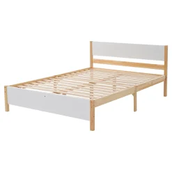 Redom Lit 140x200 cm, style intemporel blanc et bois, tête et pied en MDF, cadre pin massif avec pieds centraux* Lit Double