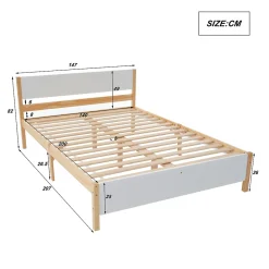 Redom Lit 140x200 cm, style intemporel blanc et bois, tête et pied en MDF, cadre pin massif avec pieds centraux* Lit Double