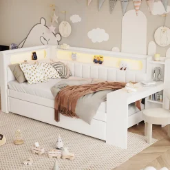 Redom Lit 90x200 cm tapissé avec éclairage LED et ports USB, tiroir gigogne et bureau intégré de couleur blanche* Lit Gigogne