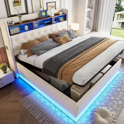 Lit 180x200 cm tapissé beige avec LED multicolore et rangement hydraulique, cadre métal stable>Redom Clearance