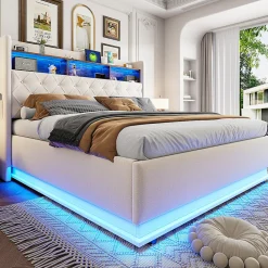 Lit 180x200 cm tapissé beige avec LED multicolore et rangement hydraulique, cadre métal stable>Redom Clearance