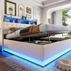 Lit 180x200 cm tapissé beige avec LED multicolore et rangement hydraulique, cadre métal stable><noscript><img width=