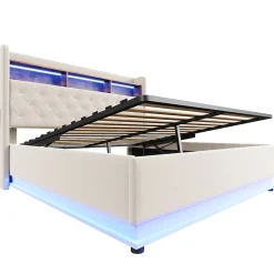 Lit 180x200 cm tapissé beige avec LED multicolore et rangement hydraulique, cadre métal stable><noscript><img width=