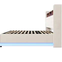 Lit 180x200 cm tapissé beige avec LED multicolore et rangement hydraulique, cadre métal stable><noscript><img width=