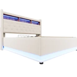 Lit 180x200 cm tapissé beige avec LED multicolore et rangement hydraulique, cadre métal stable><noscript><img width=