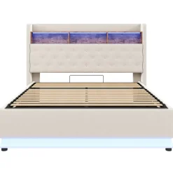 Lit 180x200 cm tapissé beige avec LED multicolore et rangement hydraulique, cadre métal stable><noscript><img width=