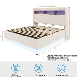 Lit 180x200 cm tapissé beige avec LED multicolore et rangement hydraulique, cadre métal stable><noscript><img width=