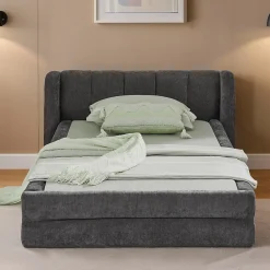 Redom Lit 90x200 cm tapissé chenille Dark Gray avec tête de lit ergonomique et profil bas minimaliste* Lit Simple