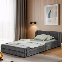 Redom Lit 90x200 cm tapissé chenille Dark Gray avec tête de lit ergonomique et profil bas minimaliste* Lit Simple
