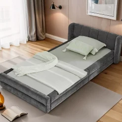 Redom Lit 90x200 cm tapissé chenille Dark Gray avec tête de lit ergonomique et profil bas minimaliste* Lit Simple