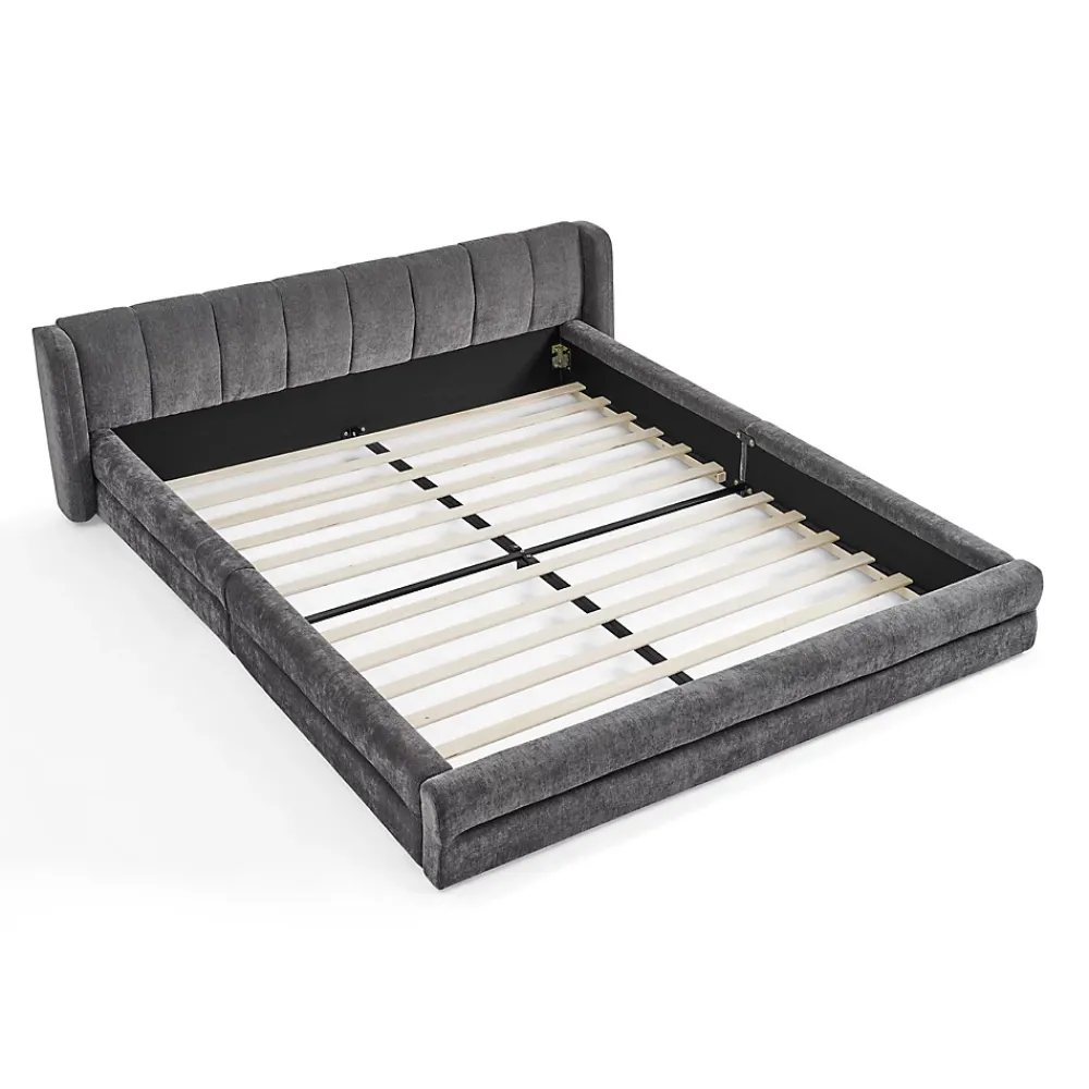 Redom Lit 140x200 cm tapissé chenille avec tête matelassée et structure renforcée, gris foncé, design scandinave* Lit Double