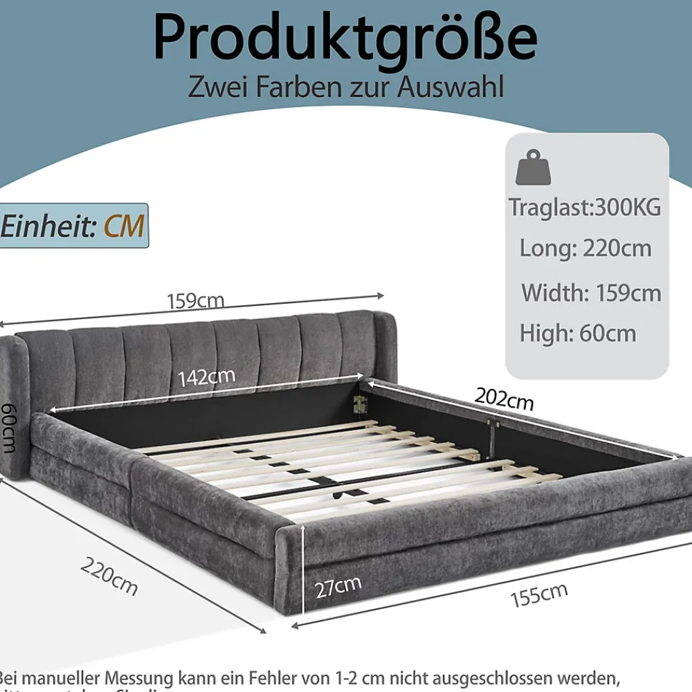 Redom Lit 140x200 cm tapissé chenille avec tête matelassée et structure renforcée, gris foncé, design scandinave* Lit Double