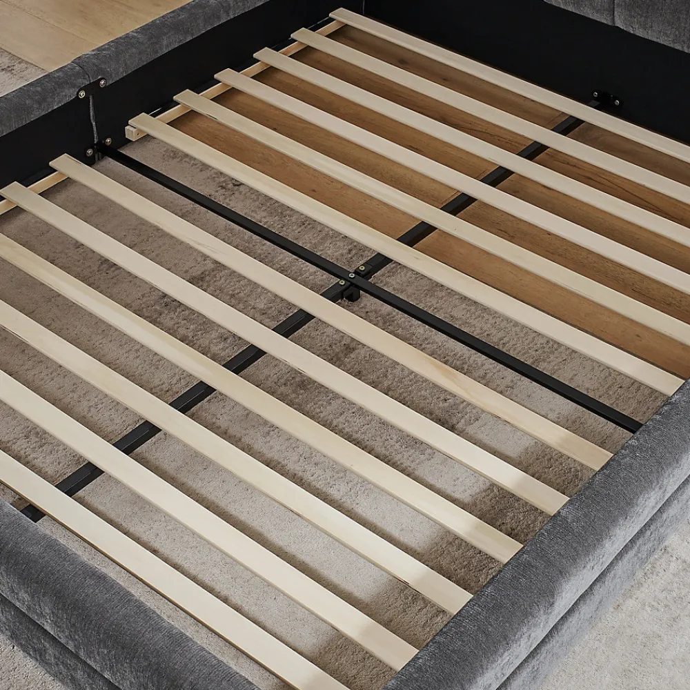 Redom Lit 140x200 cm tapissé chenille avec tête matelassée et structure renforcée, gris foncé, design scandinave* Lit Double