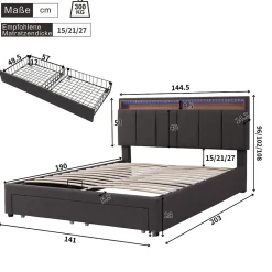 Redom Lit 140x190 cm tapissé effet lin avec tête de lit à éclairage LED, rangement sous le lit et structure acier* Lit Avec Rangement