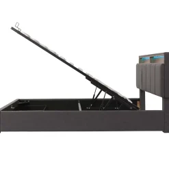 Redom Lit 140x190 cm tapissé effet lin avec tête de lit à éclairage LED, rangement sous le lit et structure acier* Lit Avec Rangement