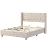 Redom Lit 160x200 cm tapissé en lin avec tête capitonnée et clous décoratifs, pieds renforcés beiges* Lit Double