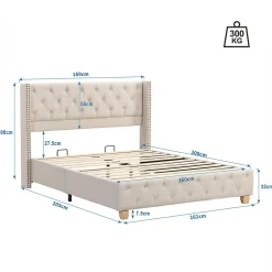 Redom Lit 160x200 cm tapissé en lin avec tête capitonnée et clous décoratifs, pieds renforcés beiges* Lit Double