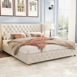 Redom Lit 160x200 cm tapissé en lin avec tête capitonnée et clous décoratifs, pieds renforcés beiges* Lit Double