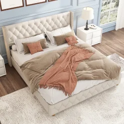 Redom Lit 160x200 cm tapissé en lin avec tête capitonnée et clous décoratifs, pieds renforcés beiges* Lit Double