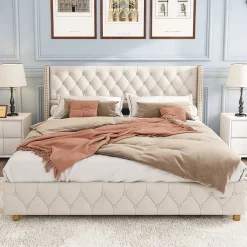 Redom Lit 160x200 cm tapissé en lin avec tête capitonnée et clous décoratifs, pieds renforcés beiges* Lit Double
