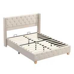 Redom Lit 160x200 cm tapissé en lin avec tête capitonnée et clous décoratifs, pieds renforcés beiges* Lit Double