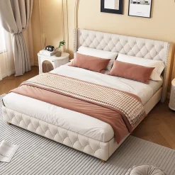 Redom Lit 160x200 cm tapissé en lin avec tête capitonnée et clous décoratifs, pieds renforcés beiges* Lit Double
