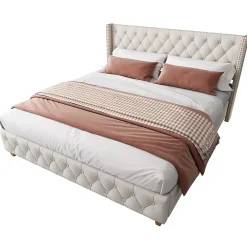 Redom Lit 160x200 cm tapissé en lin avec tête capitonnée et clous décoratifs, pieds renforcés beiges* Lit Double