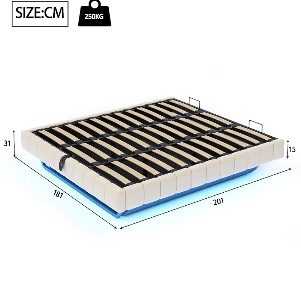 Redom Lit 180x200 cm tapissé en lin beige avec rangement hydraulique et bande LED intégrée, sans tête, cadre métal robuste* Lit Avec Rangement