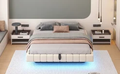 Redom Lit 180x200 cm tapissé en lin beige avec rangement hydraulique et bande LED intégrée, sans tête, cadre métal robuste* Lit Avec Rangement