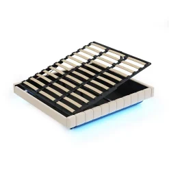 Redom Lit 180x200 cm tapissé en lin beige avec rangement hydraulique et bande LED intégrée, sans tête, cadre métal robuste* Lit Avec Rangement