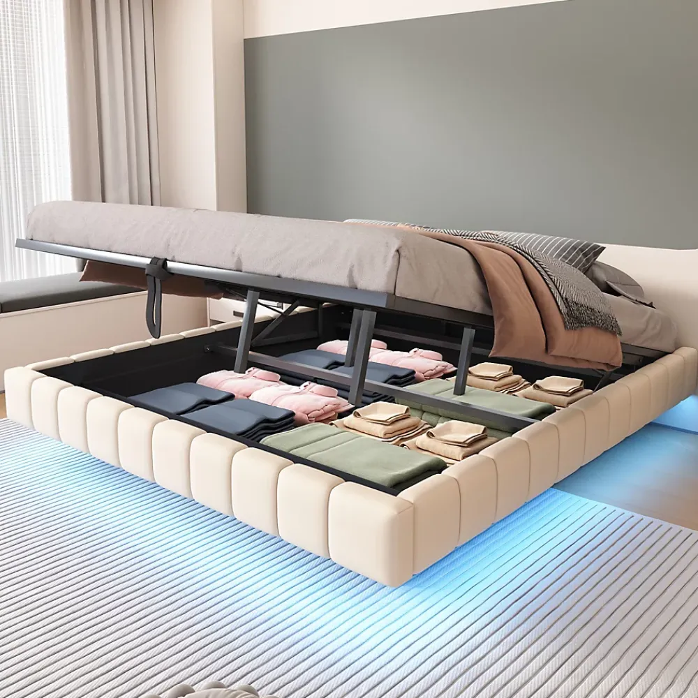 Redom Lit 180x200 cm tapissé en lin beige avec rangement hydraulique et bande LED intégrée, sans tête, cadre métal robuste* Lit Avec Rangement
