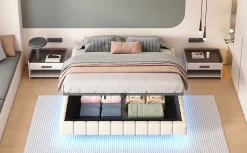 Redom Lit 180x200 cm tapissé en lin beige avec rangement hydraulique et bande LED intégrée, sans tête, cadre métal robuste* Lit Avec Rangement