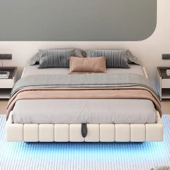 Redom Lit 180x200 cm tapissé en lin beige avec rangement hydraulique et bande LED intégrée, sans tête, cadre métal robuste* Lit Avec Rangement