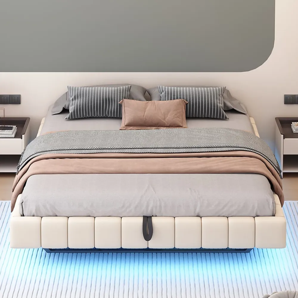 Redom Lit 180x200 cm tapissé en lin beige avec rangement hydraulique et bande LED intégrée, sans tête, cadre métal robuste* Lit Avec Rangement