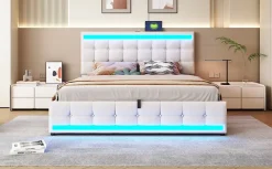 Redom Lit 180x200 cm tapissé en lin beige avec bande LED RGB intégrée, tête de lit réglable et ports USB* Lit Avec Rangement