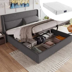 Lit 160x200 cm tapissé en lin gris avec tête de lit réglable et coffre de rangement hydraulique>Redom Clearance