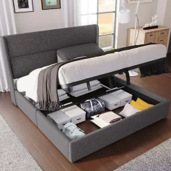 Lit 160x200 cm tapissé en lin gris avec tête de lit réglable et coffre de rangement hydraulique><noscript><img width=