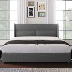 Lit 160x200 cm tapissé en lin gris avec tête de lit réglable et coffre de rangement hydraulique><noscript><img width=